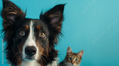 A border collie dog portrait against a blue background features a cat hiding behind the dog