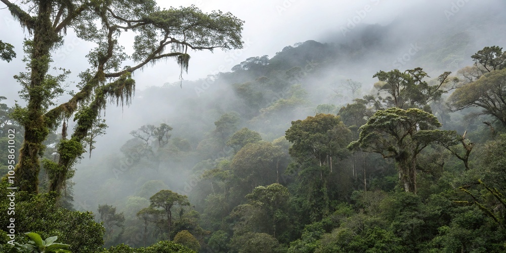 Dense fog envelops a canopy of epiphytes in the Ecuadorian Andes cloudforest, misty, green, forest Dense fog envelops a canopy of epiphytes in the Ecuadorian Andes cloudforest, misty, green, forest