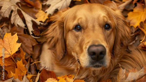 A contented golden Retriever dog in the fall relaxing in a pile of leaves