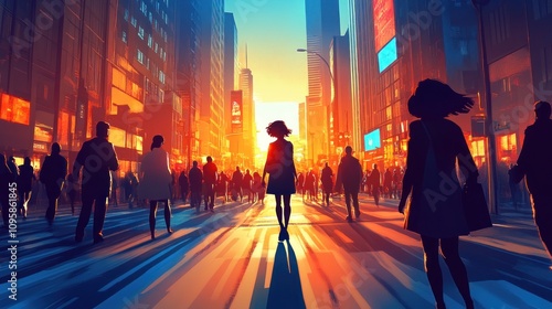 A vibrant city scene at sunset with silhouettes of people crossing the street.