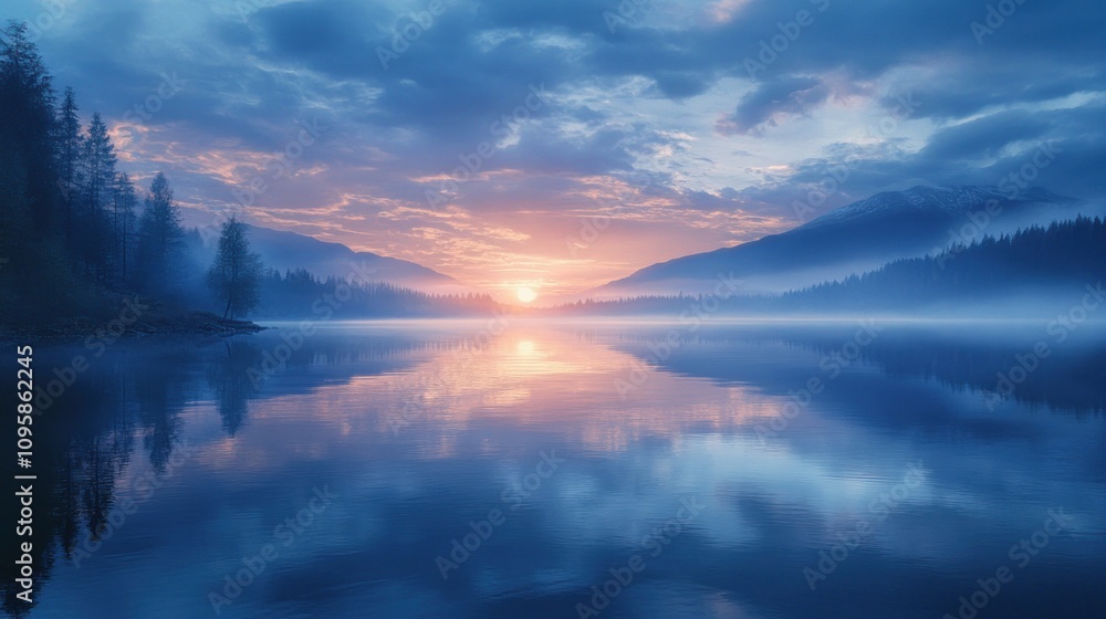 Obraz premium Serene lake at sunrise, with mist and mountains reflecting in calm waters.