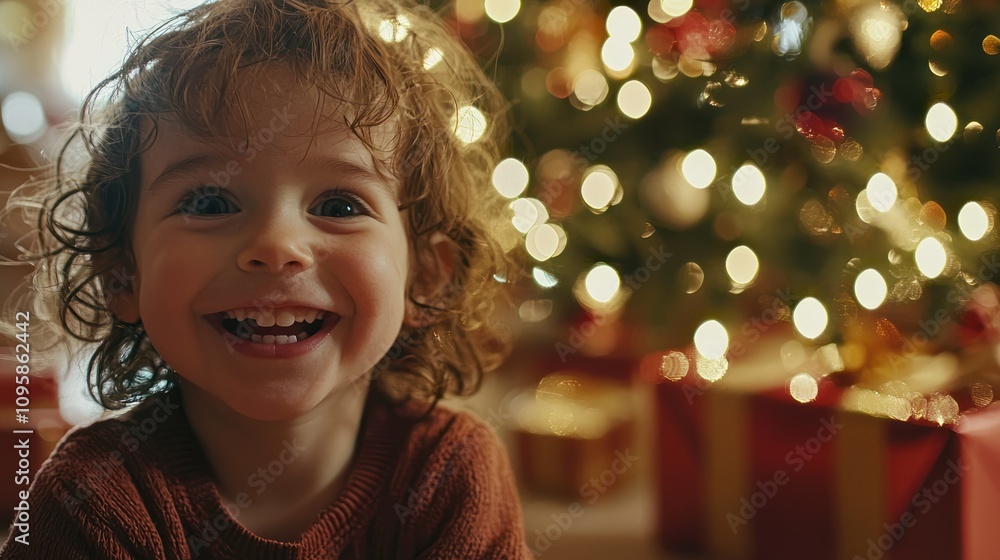 A child in front of a Christmas tree, face beaming with excitement as they prepare to open presents A child in front of a Christmas tree, face beaming with excitement as they prepare to open presents