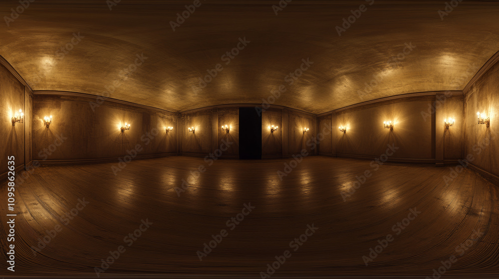 360 degree panorama view.A 3D image shows a dark room lit by many wall lights. It's a 360° virtual reality scene. 360 degree panorama view.A 3D image shows a dark room lit by many wall lights. It's a 360° virtual reality scene.