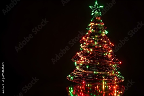 A modern take on the traditional Christmas tree, designed with neon wireframes and vibrant red and green lights, isolated on a black background in 3:2 aspect ratio at 50% size. photo