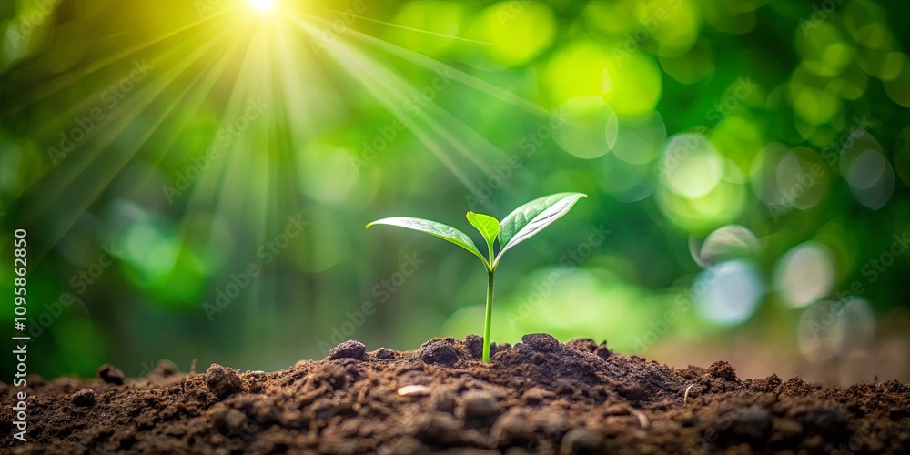Fototapeta premium A small green sprout emerges from rich soil, bathed in sunlight, representing growth, new beginnings, and the power of nature.