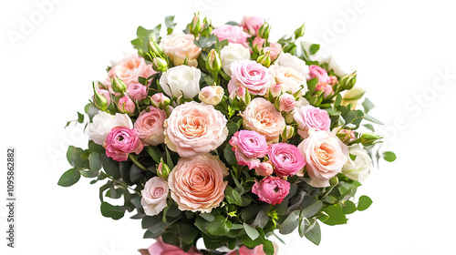 Beautiful Bouquet of Fresh Roses and Ranunculus Flowers in Pastel Shades with Greenery