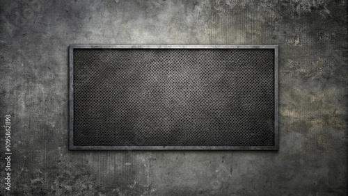 Grungy metal plate affixed to a textured wall, ideal for industrial design or background applications.