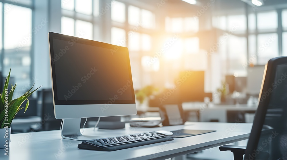 Modern office workspace with a computer, keyboard, and plant, illuminated by sunlight. Modern office workspace with a computer, keyboard, and plant, illuminated by sunlight.