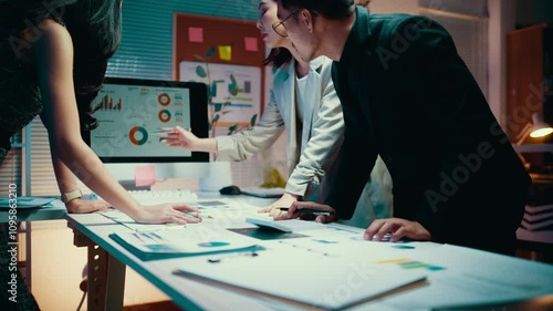 Business people team working late together in office at night analyzing financial data and brainstorming for new business strategy