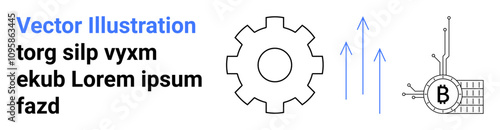 Gear mechanism, upward arrows, and digital Bitcoin circuit. Ideal for technology, finance, engineering, cryptocurrency, blockchain, growth strategies, and fintech illustrations Landing page