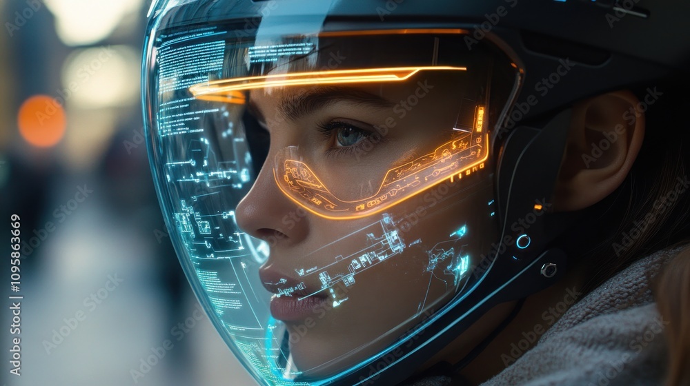 A futuristic helmet displays holographic data over a woman's face. A futuristic helmet displays holographic data over a woman's face.