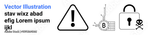 Alert triangle, Bitcoin with circuit, and lock with skull-and-crossbones on text background. Ideal for cybersecurity, blockchain, encryption, hacking, online safety, digital safety awareness