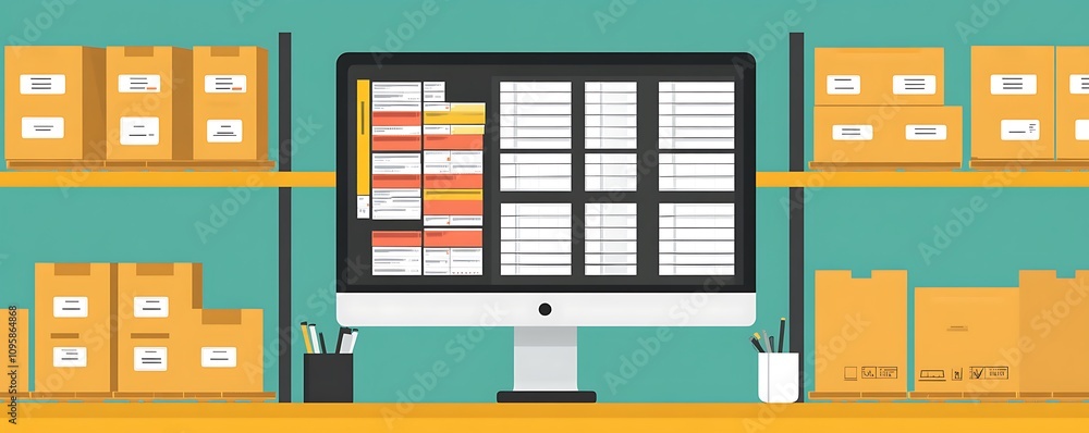 A digital workspace with a computer and organized storage boxes. A digital workspace with a computer and organized storage boxes.