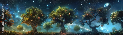 A celestial orchard where each tree represents a different constellation bearing fruit that embodies the essence of its respective stars
