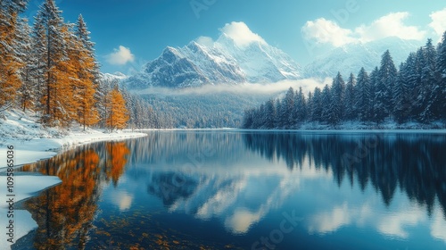 Beautiful lake reflecting snow-capped mountains in a peaceful alpine landscape