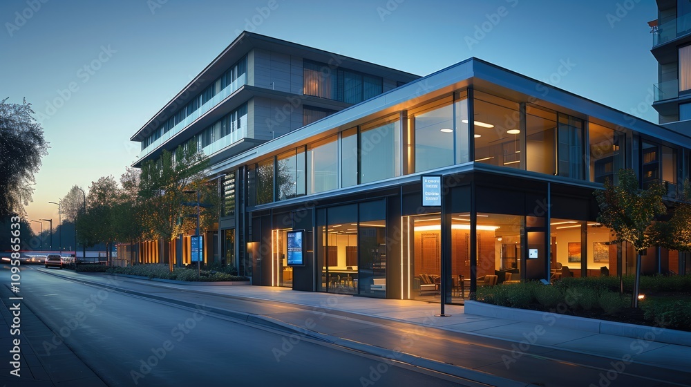 A modern smart hotel, The hotel exterior is contemporary, with large glass windows and sleek, The entrance has automated sliding doors and digital signage displaying information. A modern smart hotel, The hotel exterior is contemporary, with large glass windows and sleek, The entrance has automated sliding doors and digital signage displaying information.