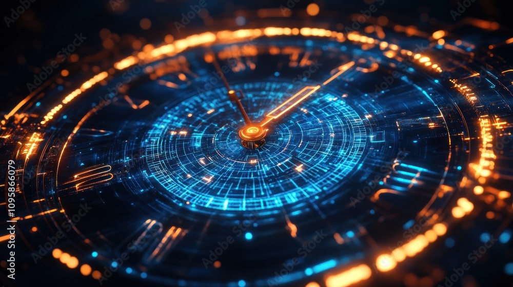 A futuristic clock design with glowing blue and orange elements, symbolizing time and technology. A futuristic clock design with glowing blue and orange elements, symbolizing time and technology.