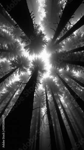 Mystical Forest Landscape with Silhouetted Trees Emerging through Dense Morning Fog photo