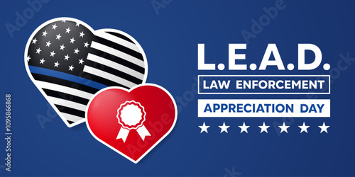 National Law Enforcement Appreciation Day (LEAD). Heart, flag and medal. Great for cards, banners, posters, social media and more. Blue background. 