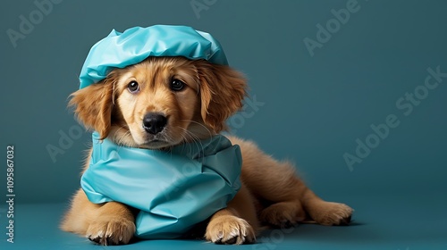 Adorable eight week old golden retriever puppy who is under the weather and wearing a blue ice bag photo