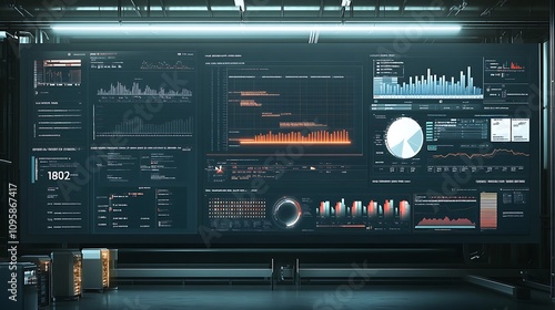 A futuristic dashboard displaying data analytics and visualizations.