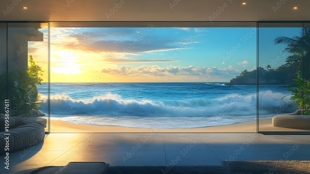 Fototapeta premium Ocean View Through Glass Doors - 3D Illustration