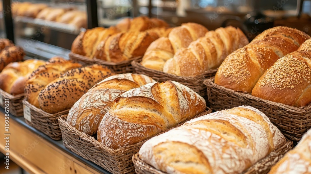 A bakery counter displaying warm, crusty loaves of fresh bread, ready to be served. A bakery counter displaying warm, crusty loaves of fresh bread, ready to be served.