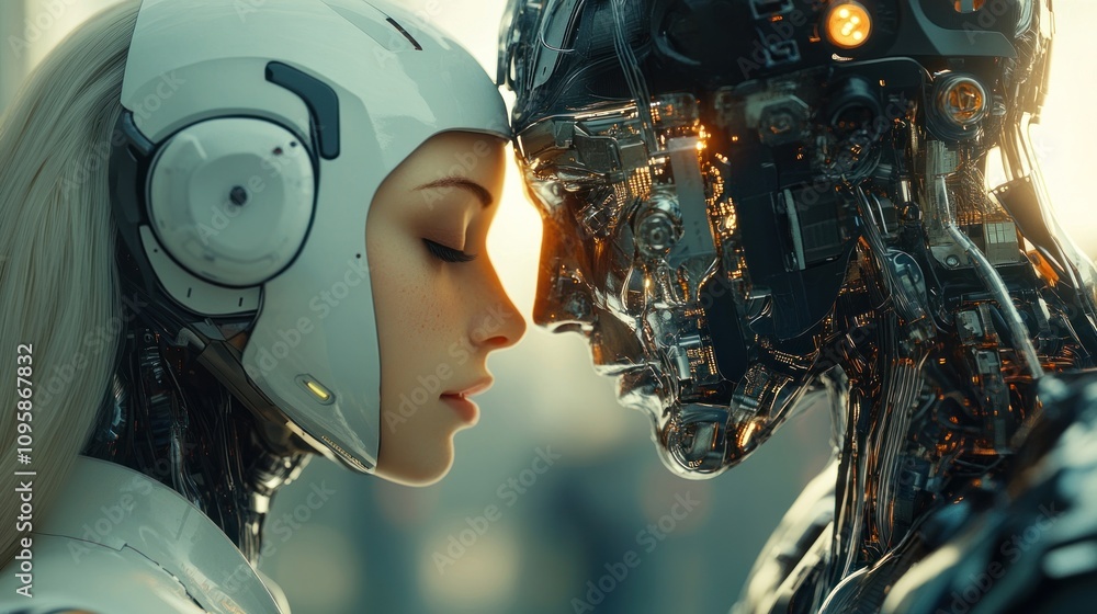 Fototapeta premium A close encounter between a humanoid robot and a human-like android, emphasizing connection.