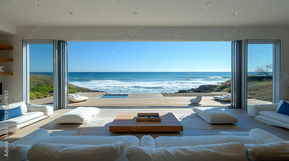Fototapeta premium Ocean View Living Room with White Couches - Illustration