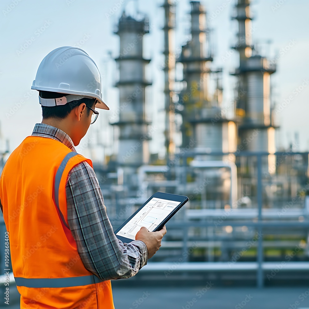 Engineer monitors oil refinery operations using digital tablet for enhanced efficiency and safety Engineer monitors oil refinery operations using digital tablet for enhanced efficiency and safety