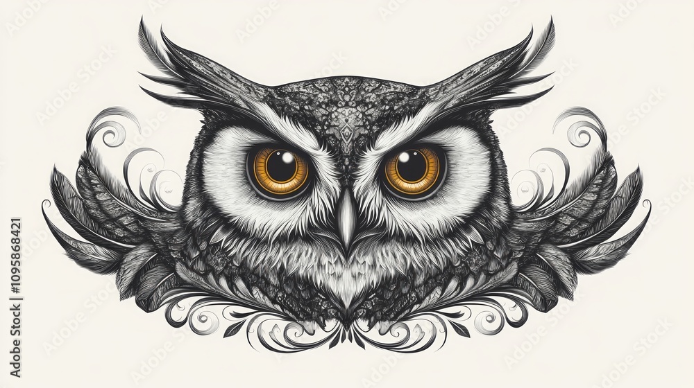 Fototapeta premium Majestic owl portrait with ornate wing design, detailed pencil sketch style.