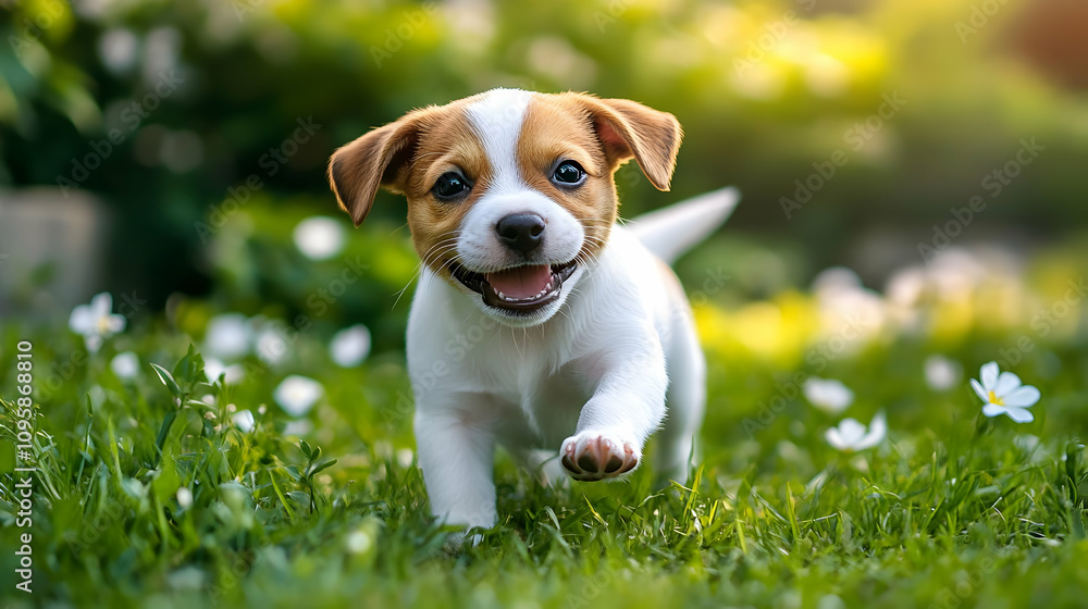 Happy Puppy Running in Grass - Photo Happy Puppy Running in Grass - Photo