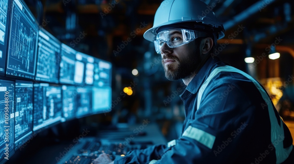 A worker monitors multiple screens in a control room, focusing on data and operations. A worker monitors multiple screens in a control room, focusing on data and operations.