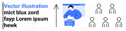 User with cashback icon on computer screen, arrow pointing upwards, and target audience icons. Ideal for marketing, user engagement, customer incentive programs, e-commerce campaigns, financial