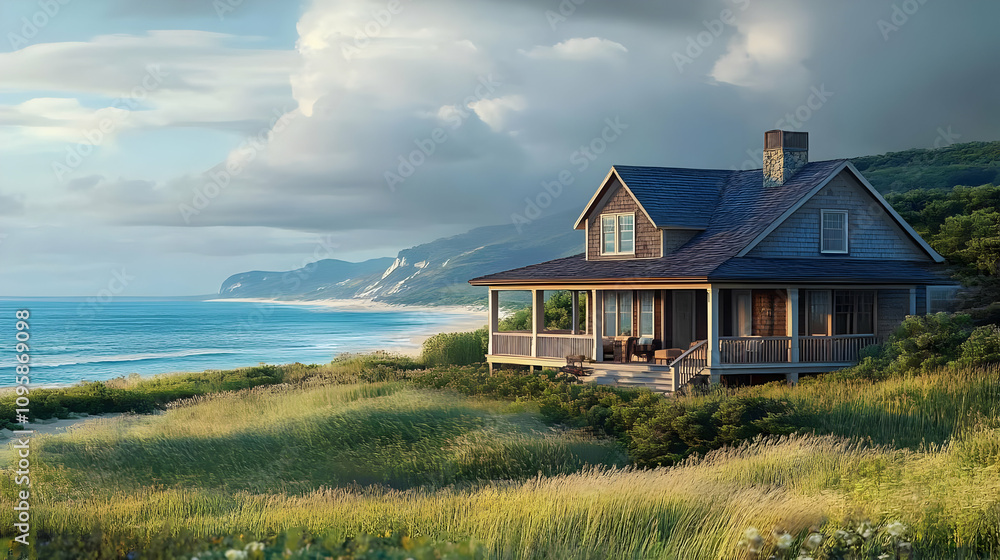 Coastal Home with Ocean View Illustration Coastal Home with Ocean View Illustration
