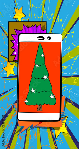 Cartoon Smartphone, comic book Telephone with Christmas decorated pine tree. Retro vector comics pop art design.