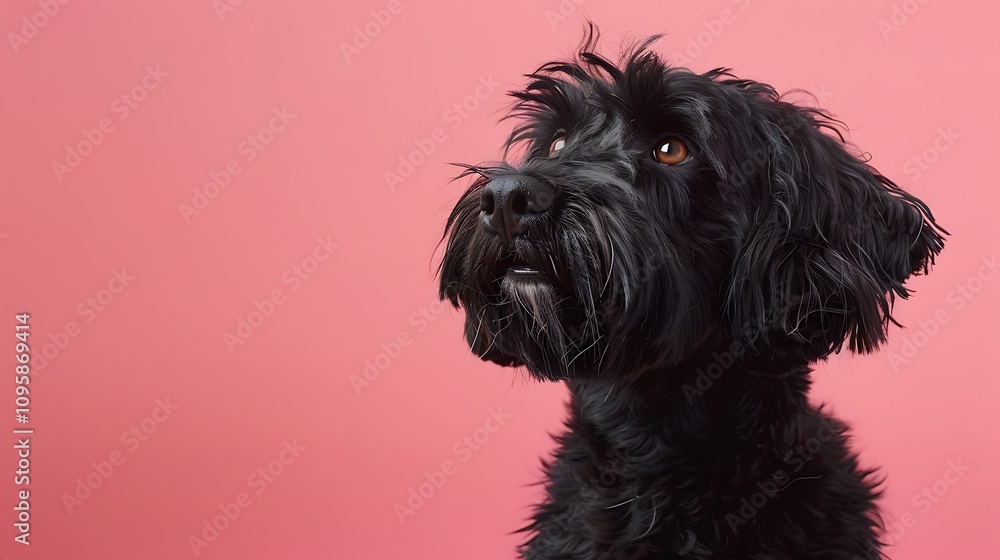 An adorable black sheepdog portrait set against a pink background An adorable black sheepdog portrait set against a pink background