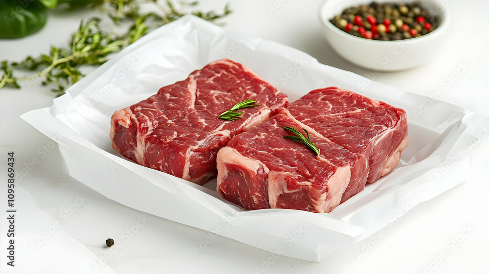 Two Raw Steaks in Paper on White Background - Realistic Photo Two Raw Steaks in Paper on White Background - Realistic Photo