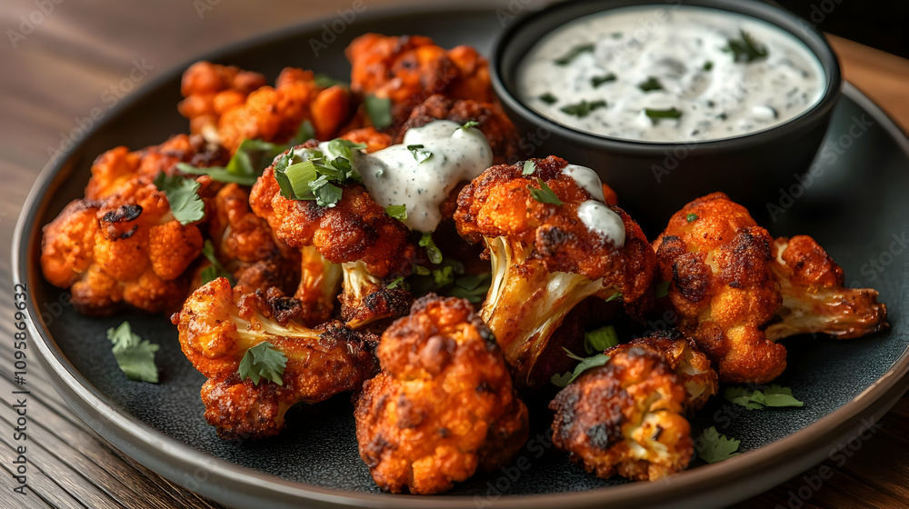 Crispy Buffalo Cauliflower with Creamy Dip - Food Photo Crispy Buffalo Cauliflower with Creamy Dip - Food Photo
