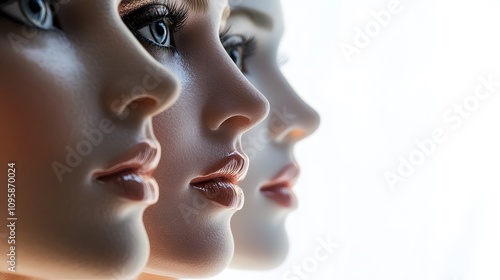 Three mannequin heads in profile, showcasing facial features and expressions.