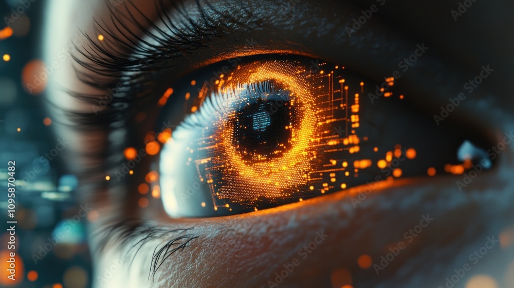A close-up of an eye with digital patterns and glowing elements, symbolizing technology and vision. A close-up of an eye with digital patterns and glowing elements, symbolizing technology and vision.