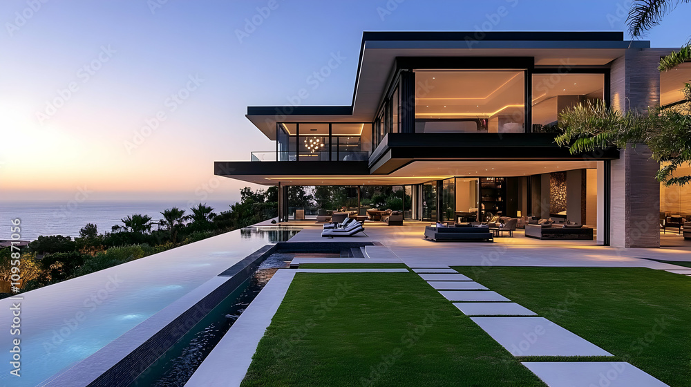 Modern House with Infinity Pool and Ocean View - Realistic Image Modern House with Infinity Pool and Ocean View - Realistic Image