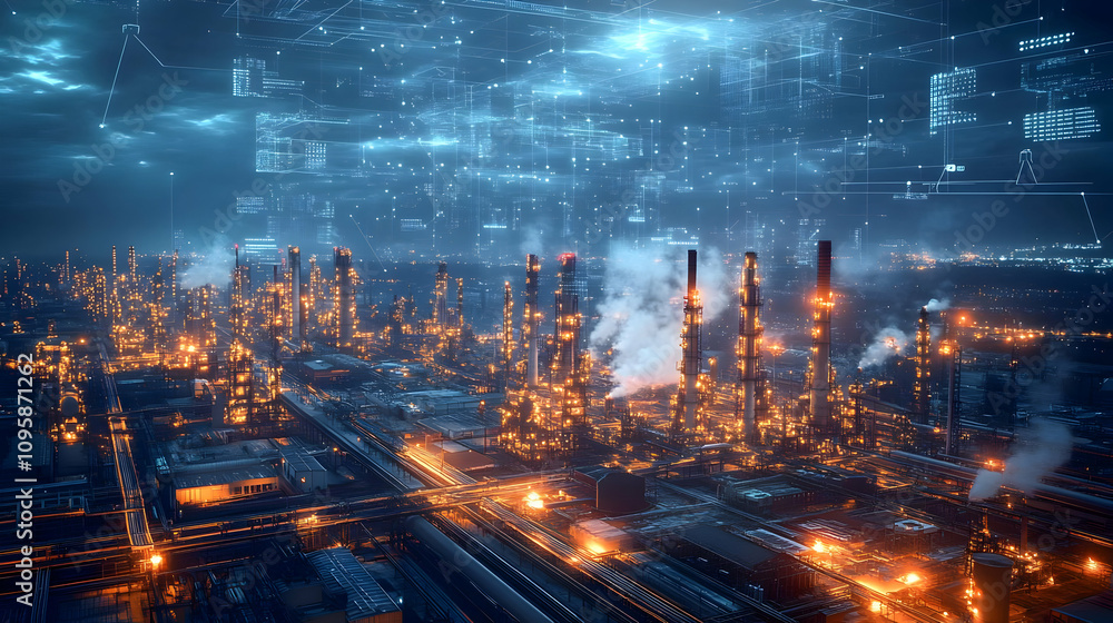 Industrial Complex at Night with Digital Network Overlay - Illustration Industrial Complex at Night with Digital Network Overlay - Illustration