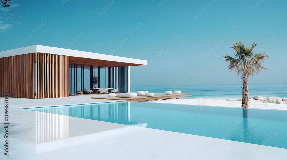 Fototapeta premium Modern Beach House with Infinity Pool Illustration