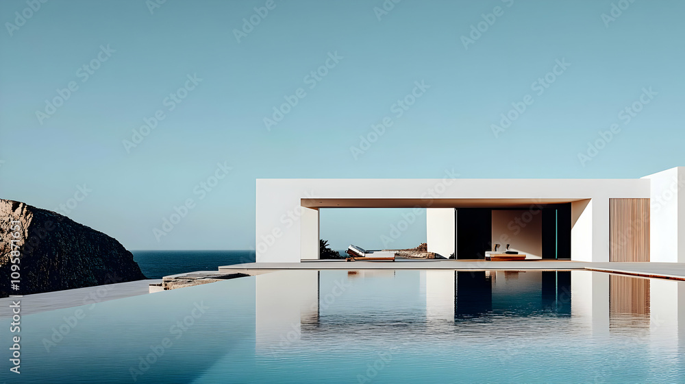 Modern Architecture with Infinity Pool and Ocean View - Illustration Modern Architecture with Infinity Pool and Ocean View - Illustration