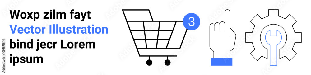 Shopping cart with three items, pointing hand, gear with wrench. Ideal for e-commerce, shopping online, configuration, user interface, product management, customer service, digital apps. Landing page Shopping cart with three items, pointing hand, gear with wrench. Ideal for e-commerce, shopping online, configuration, user interface, product management, customer service, digital apps. Landing page