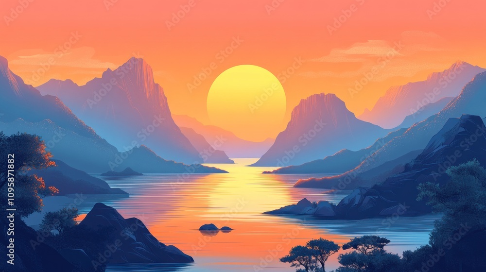 Obraz premium Serene sunset over mountains and a river, creating a tranquil landscape scene.