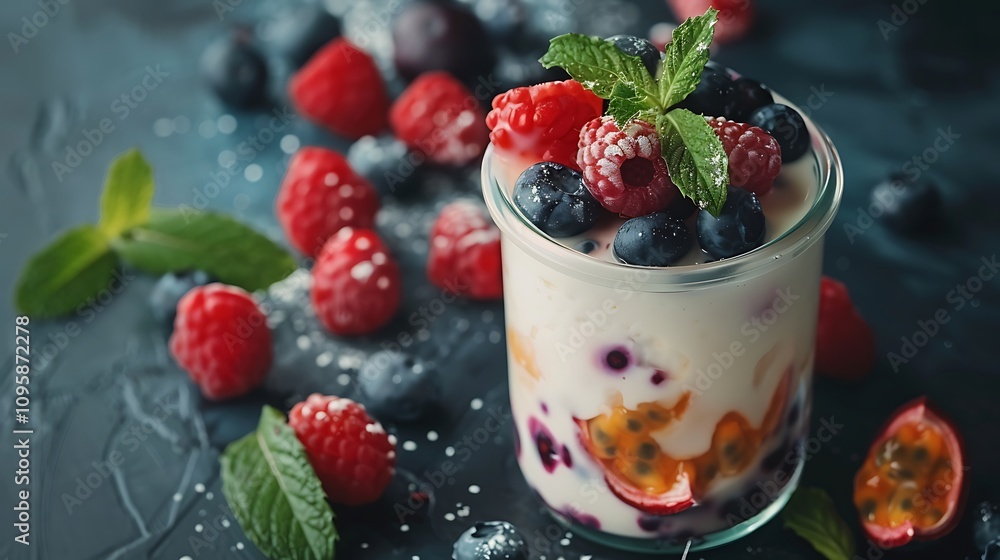 Blue berries raspberries mint and passionfruit are combined with freshly made yogurt in a glass jar Blue berries raspberries mint and passionfruit are combined with freshly made yogurt in a glass jar