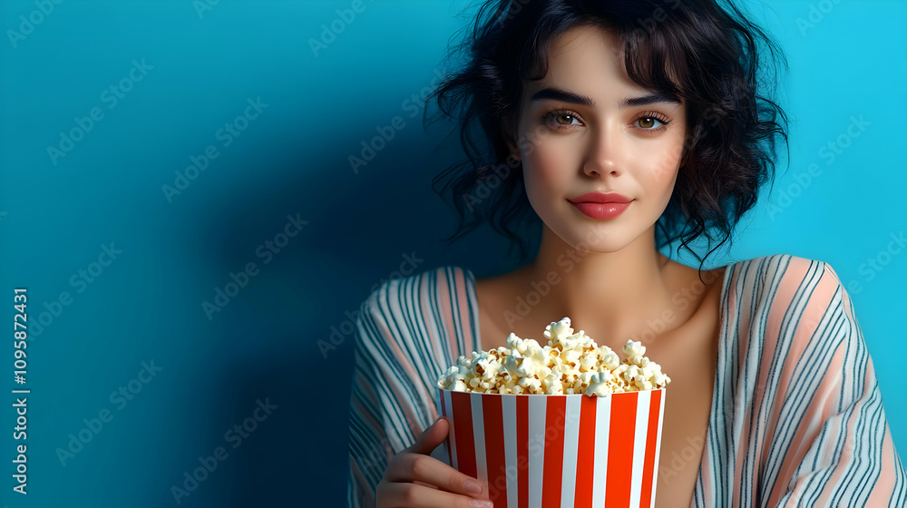 Woman Holding Popcorn in Red and White Striped Bucket - Photo Woman Holding Popcorn in Red and White Striped Bucket - Photo