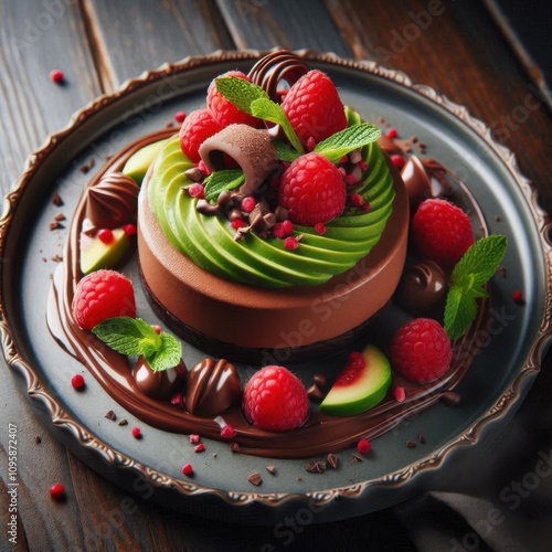 chocolate cake with avocado and rashberries photo